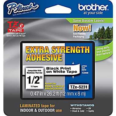 Brother P-Touch TZE-S231 12mm Black on White Strong Adhesive Label Tape