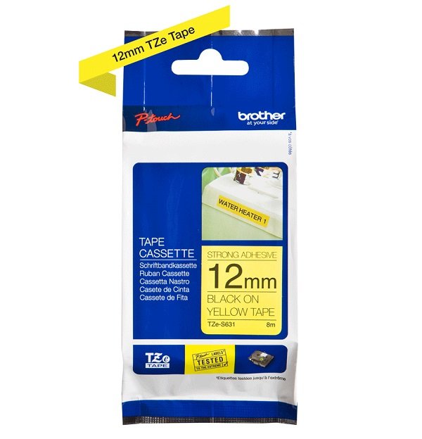 Brother P-Touch TZE-S631 12mm Black on Yellow Strong Adhesive Label Tape