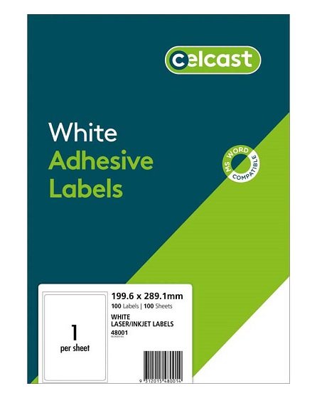 Celcast 199.6 x 289.1 mm White Laser Inkjet Adhesive Labels - 100 Pack