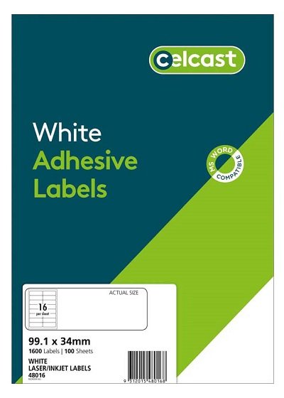 Celcast 99.1 x 34 mm White Laser Inkjet Adhesive Labels - 1600 Pack