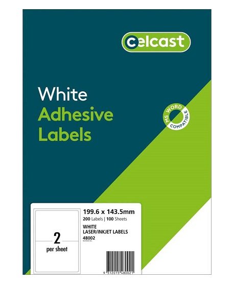 Celcast 199.6 x 143.5 mm White Laser Inkjet Adhesive Labels - 200 Pack