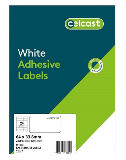 Celcast 64 x 33.8 mm White Laser Inkjet Adhesive Labels - 2400 Pack