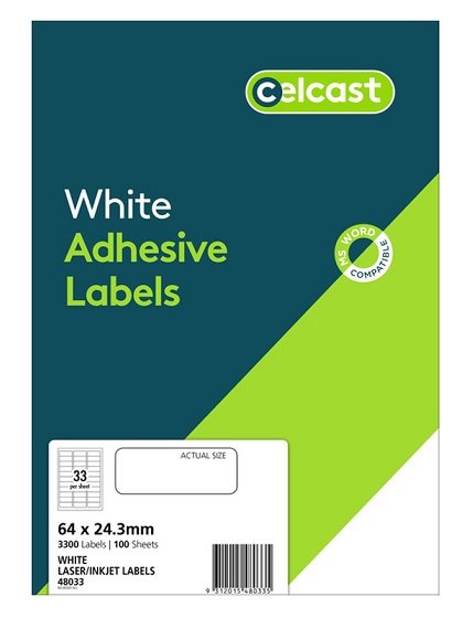 Celcast 64 x 24.3 mm White Laser Inkjet Adhesive Labels - 3300 Pack