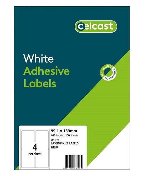 Celcast 99.1 x 139 mm White Laser Inkjet Adhesive Labels - 400 Pack