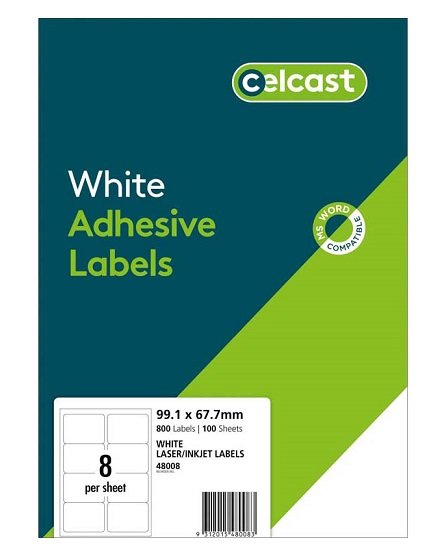 Celcast 99.1 x 67.7 mm White Laser Inkjet Adhesive Labels - 800 Pack