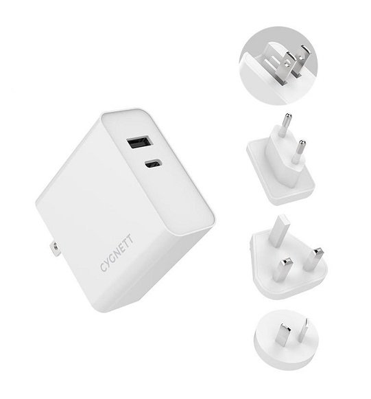 Cygnett PowerPlus 3A 60W Dual USB-C & USB-A Universal Wall Charger with 1.5m USB-C to USB-C Cable and Travel Adapters - White