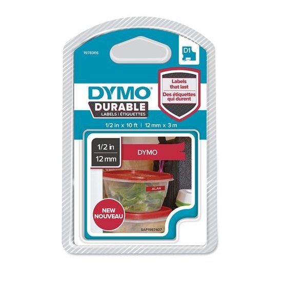 Dymo 12mm x 3mm Durable Labels Cassette - White on Red