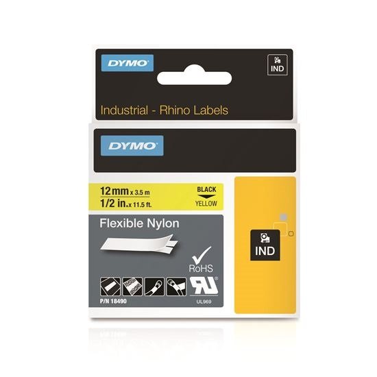 Dymo 12mm x 5.5m Genuine Rhino Industrial Flexible Nylon Labels - Black On Yellow