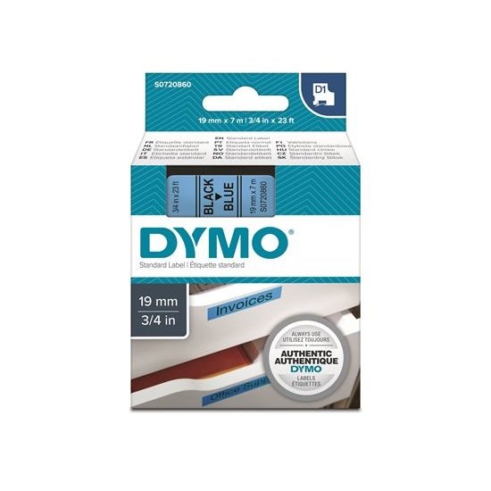 Dymo 19mm x 7m Genuine D1 Label Cassette Tape - Black On Blue