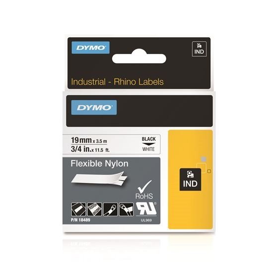 Dymo 19mm x 5.5m Genuine Rhino Industrial Flexible Nylon Labels - Black On White