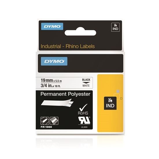 Dymo 19mm x 5.5m Genuine Rhino Industrial Permanent Polyester Labels - Black On White