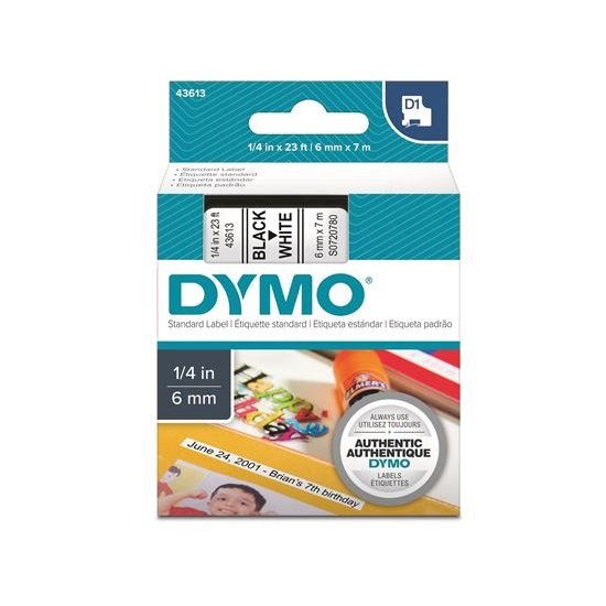 Dymo 6mm x 7m Genuine D1 Label Cassette Tape - Black On White