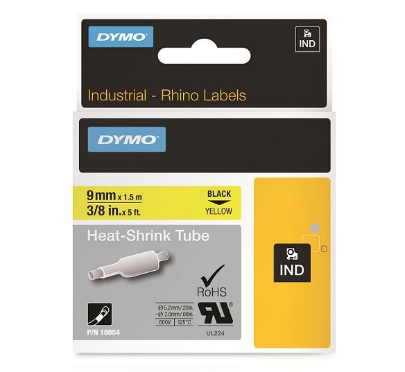 Dymo 9mm Rhino Industrial Labels Heat-Shrink Tube - Black on Yellow