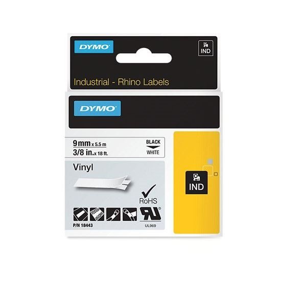Dymo 9mm x 5.5m Genuine Rhino Industrial Vinyl Labels - Black On White