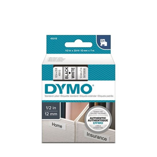 DYMO D1 12mm Black on White Standard Label Tape Cassette