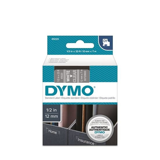 DYMO D1 12mm White on Clear Standard Label Tape Cassette