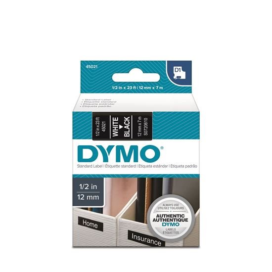 DYMO D1 12mm White on Black Standard Label Tape Cassette