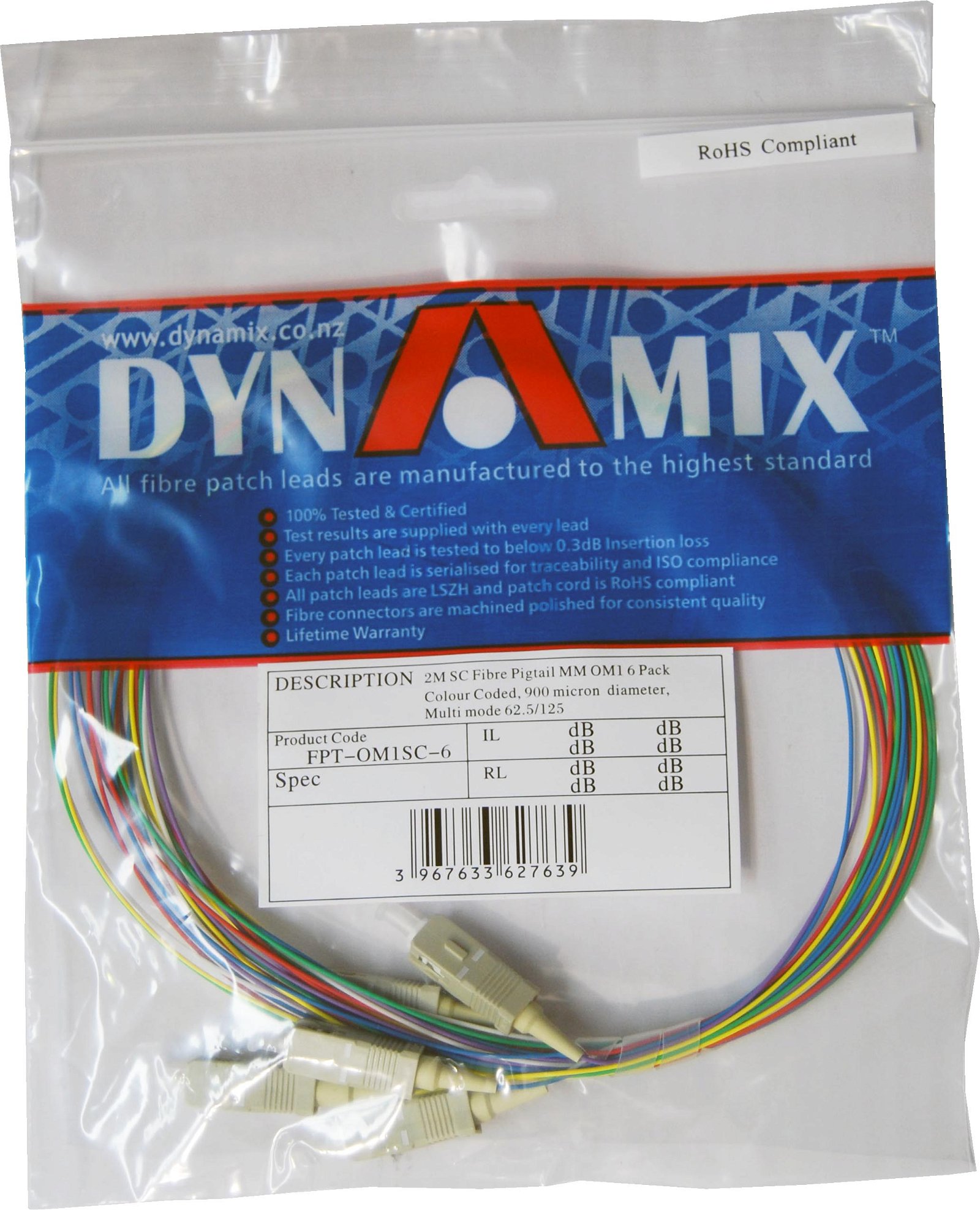 DYNAMIX 2M SC Pigtail OS1 6 Pack Colour Coded, 900um Single mode Fibre, Tight buffer