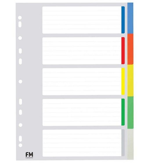 File Master A4 Polypropylene Indices Coloured - 5 Tab