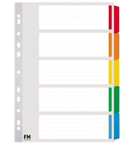 File Master A4 Reinforced Cardboard Indices Coloured - 5 Tab
