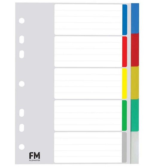 File Master A5 Polypropylene Indices Coloured - 5 Tab