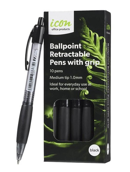 Icon Black Retractable Ballpoint Pen with Grip - 10 Pack
