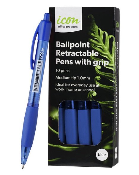 Icon Blue Retractable Ballpoint Pen with Grip - 10 Pack