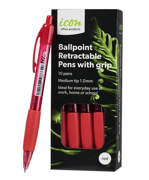 Icon Red Retractable Ballpoint Pen with Grip - 10 Pack