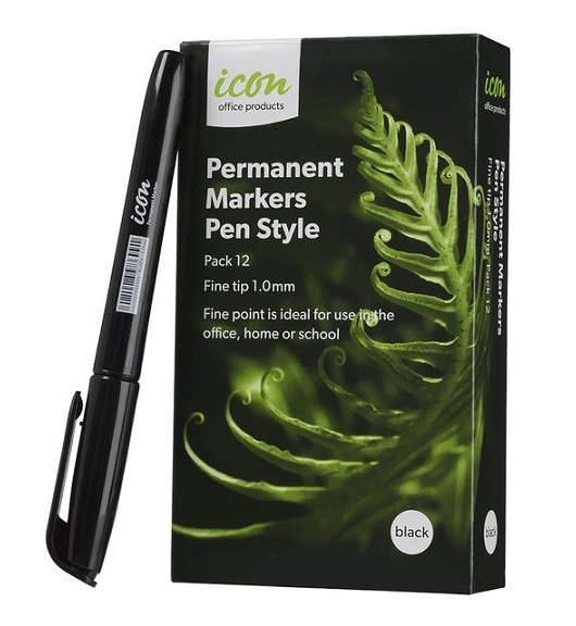 Icon Black Pen Style Permanent Marker - 12 Pack