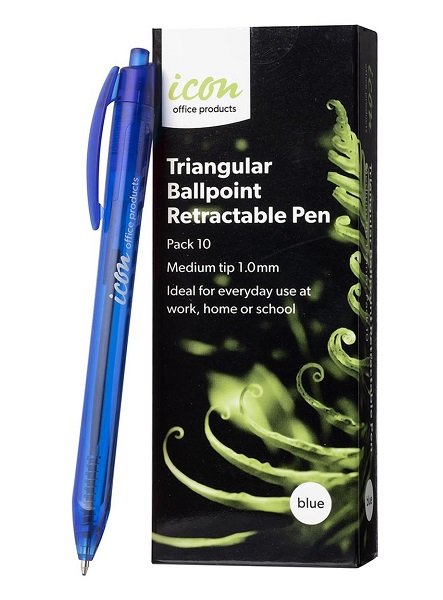 Icon Blue Triangular Retractable Ballpoint Pen - 10 Pack