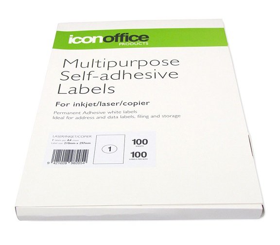 Icon 210 x 297mm Multipurpose Self-Adhesive White Labels - 100 Pack