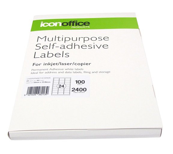 Icon 64 x 33.86mm Multipurpose Self-Adhesive White Labels - 2400 Pack