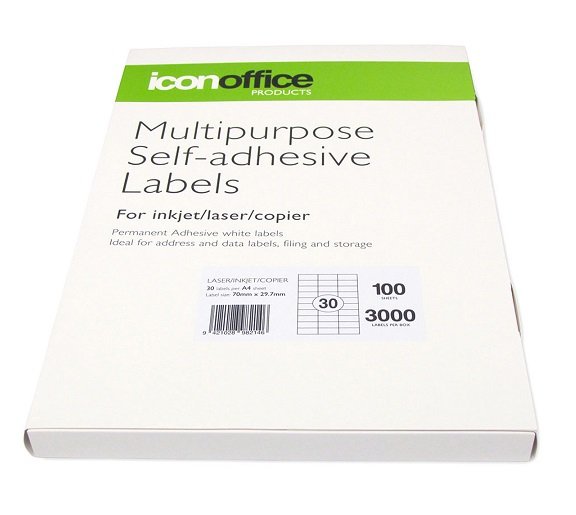 Icon 70 x 29.7mm Multipurpose Self-Adhesive White Labels - 3000 Pack
