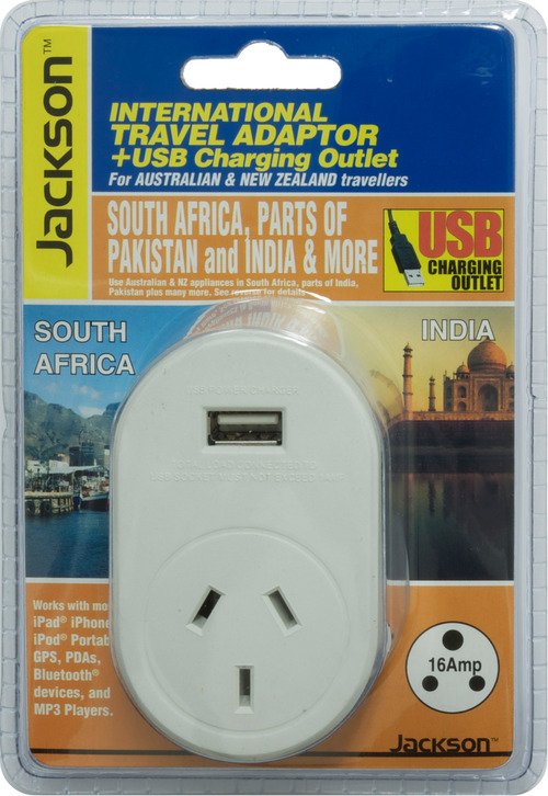 Jackson Outbound International Travel Adaptor With 1 USB Charging Port (1A) for South Africa & parts of India/Pakistan