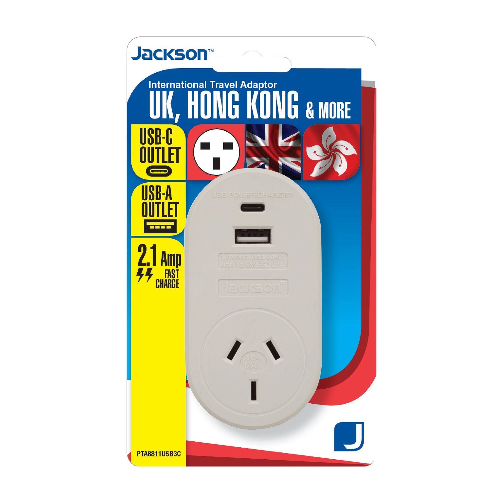Jackson Outbound Travel Adaptor with 1 USB-A and 1 USB-C for UK & Hong Kong