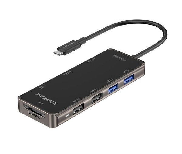 Promate PrimeHub-Go Compact Multiport USB-C Hub with 100W Power Delivery - Grey