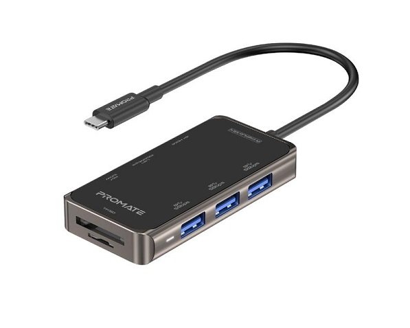 Promate PrimeHub-Mini 8-in-1 Ultra-Compact USB-C Hub with 100W Power Delivery - Grey