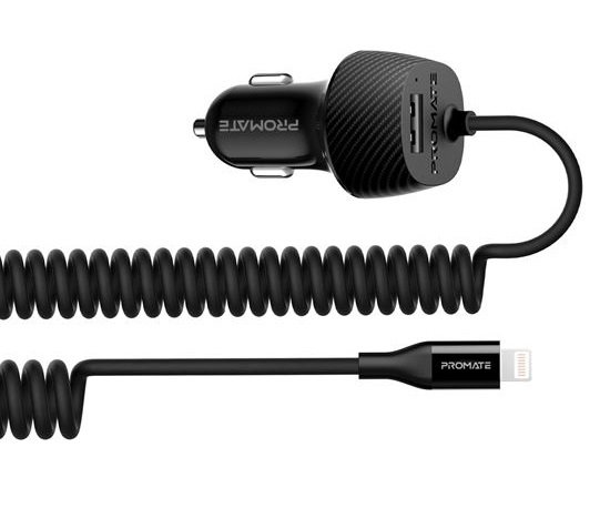 Promate VolTrip-i 3.4A Car Charger with Lightning Coiled Cable - Black