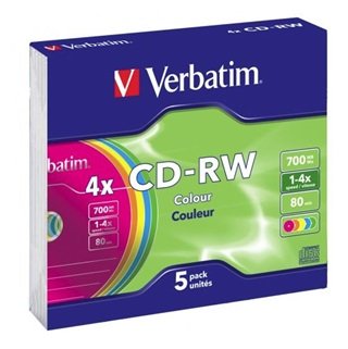 Verbatim CD-R 1X-4X 700MB Assorted Colours Branded Surface CD Discs - 5 Pack with Slim Case