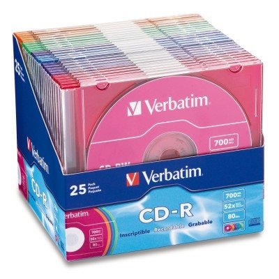 Verbatim CD-R 52X 700MB Coloured Branded Surface CD Discs - 25 Pack with Slim Case Assorted Colours