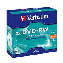 Verbatim DVD-RW 2X 4.7GB Branded Surface DVD Discs - 5 Pack with Jewel Case